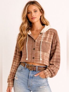 Hem & Thread Mixed Plaid Patchwork Cropped Hooded Flannel Shacket, M/L, Boho